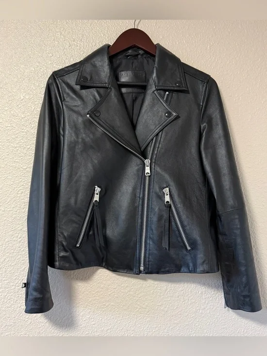 AllSaints Dalby Slim Fit Leather Biker Jacket Classic Jacket US 8 - Picture 8 of 13
